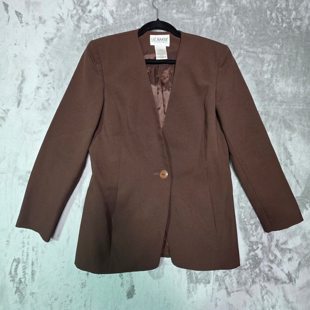 Liz Baker Essentials Brown Collarless Single Button Blazer Jacket Womens Size 8